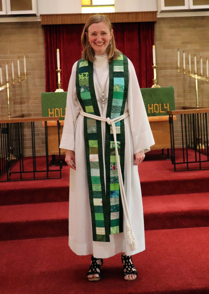 Jillian Russell presented Pastor Sarah a special stole on the 10th anniversary of Pastor's call to the Ministry. Members of the congregation passed on pieces of cloth and letters to Jillian. She had the swatches sown into a stole. The letters were put into a binder. both were presented on July 21, 2019.
